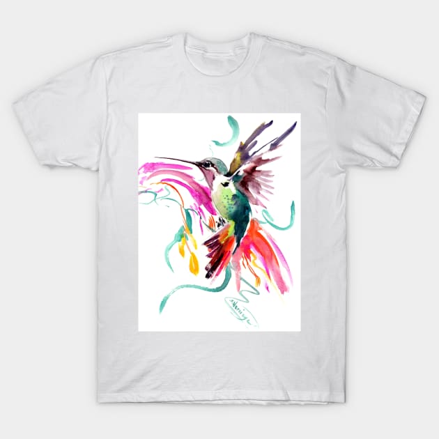 Flying Hummingbird and Abstract Flowers, Turquoise, pink watercolor bird artwork T-Shirt by surenart